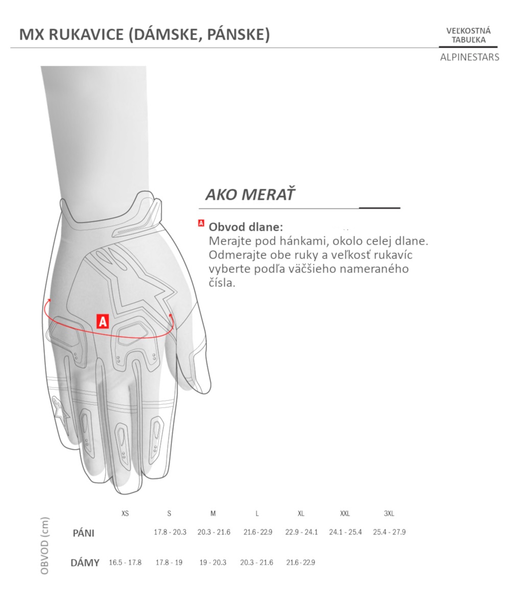 veľkostná tabuľka - rukavice - alpinestars mx